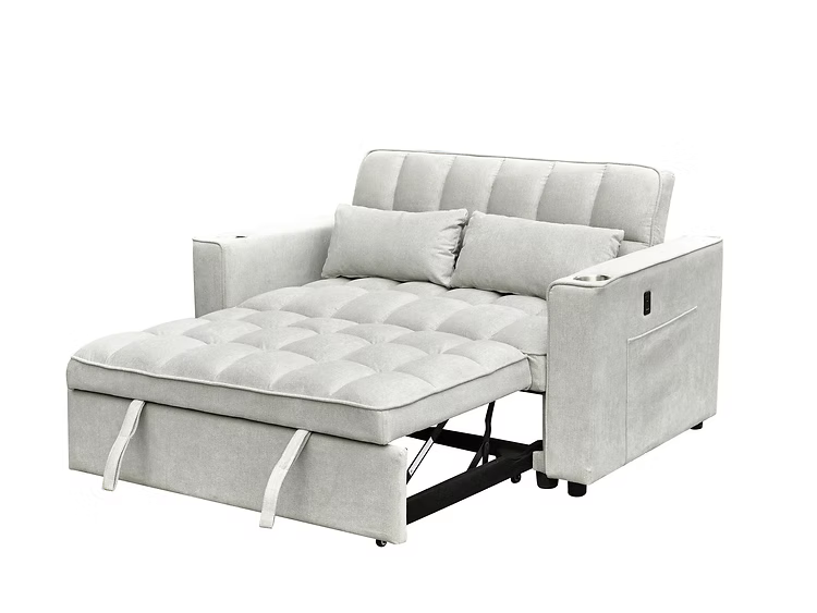 Canapé-lit gris moderne en position semi-dépliée avec assise matelassée et accoudoirs larges – Literie d’Amitié

