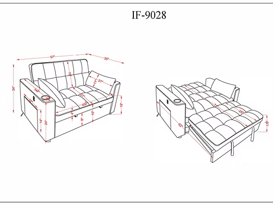 Schéma technique avec dimensions du canapé-lit IF-9028 en position assise et dépliée – Literie d’Amitié
