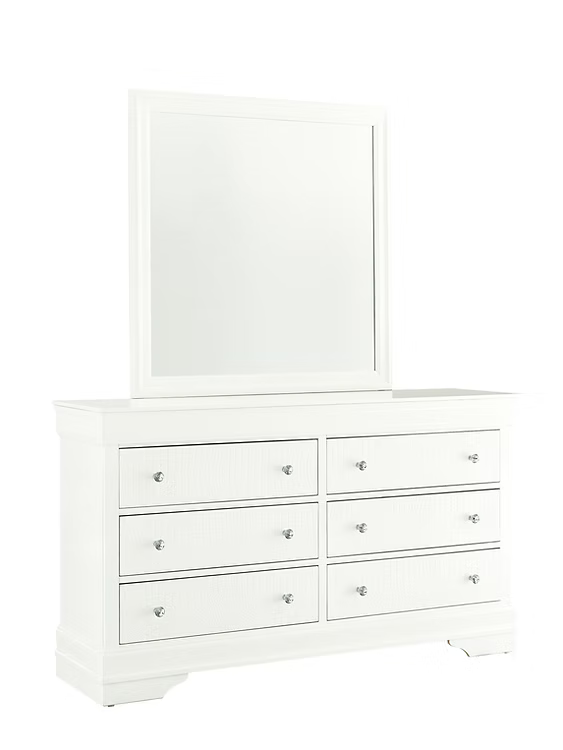 Dressoir blanc élégant avec miroir intégré et six tiroirs spacieux – Literie d’Amitié
