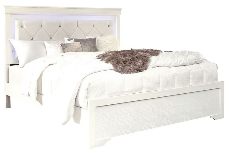 Lit blanc avec tête de lit capitonnée et éclairage LED intégré, Literie d’Amitié, style moderne et élégant.