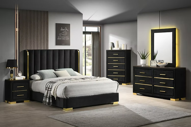 Lit Madison/100 en bois tropical avec tête de lit en velours noir et accents dorés – Literie d’Amitié