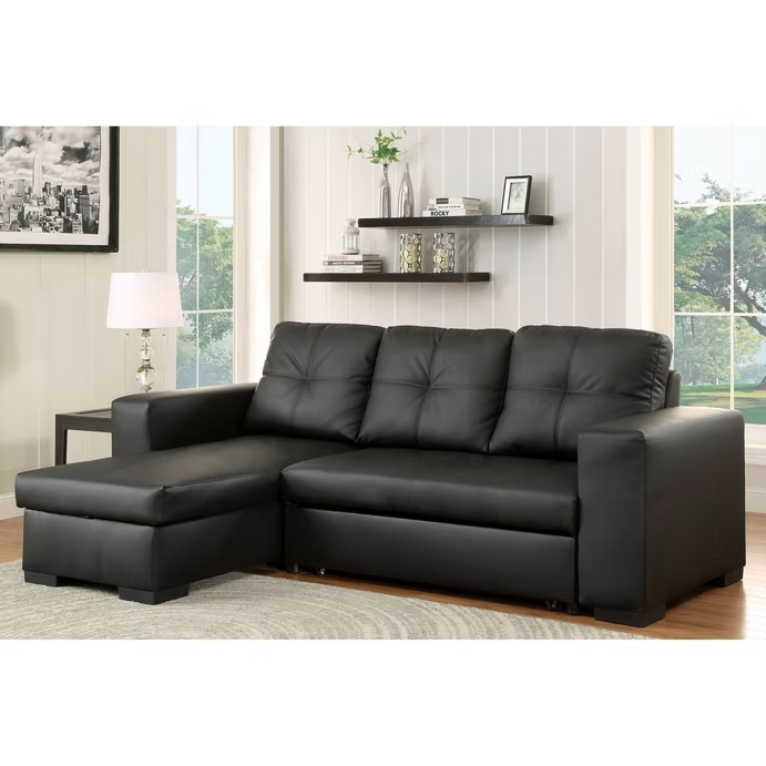 Sectionnel-lit IF-9032 avec chaise réversible, rangement intégré et revêtement simili cuir noir – Literie d’Amitié