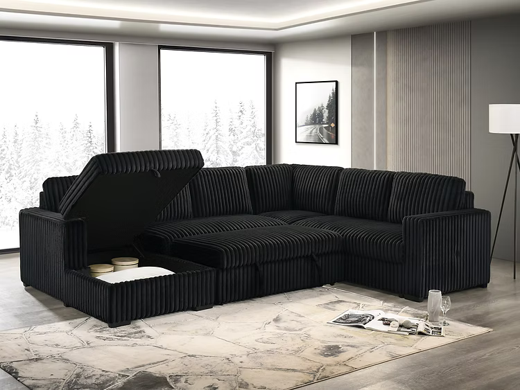 Canapé sectionnel noir avec coffre de rangement intégré sous l’assise – Literie d’Amitié