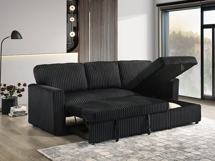 Canapé sectionnel noir IF-9024 avec coffre de rangement intégré sous l’assise – Literie d’Amitié