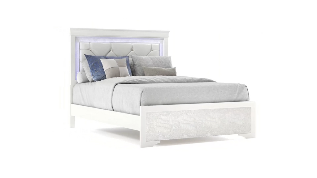 Lit blanc moderne avec tête de lit capitonnée et éclairage LED, Literie d’Amitié, style contemporain élégant.