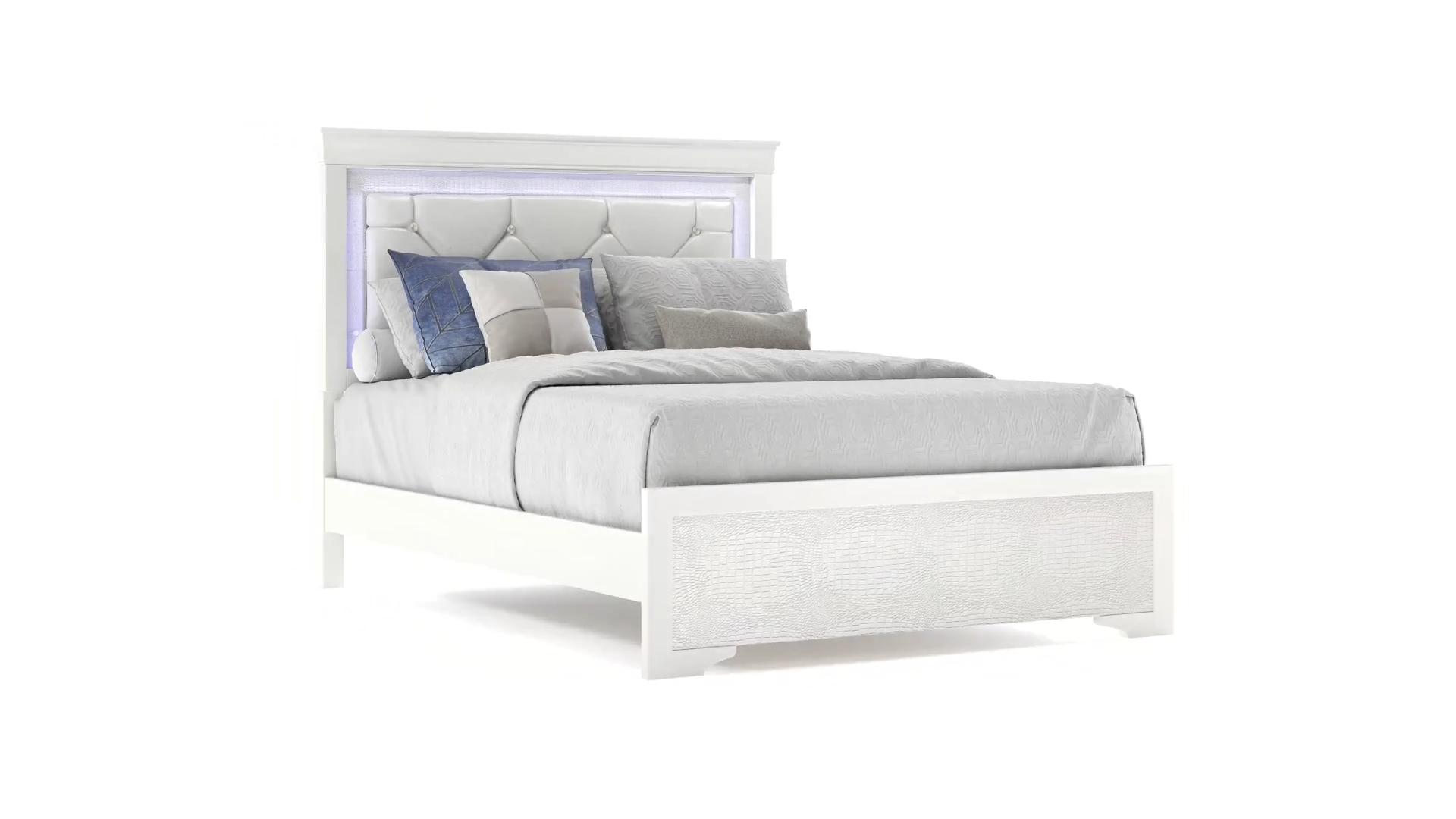Lit blanc moderne avec tête de lit capitonnée et éclairage LED, Literie d’Amitié, style contemporain élégant.