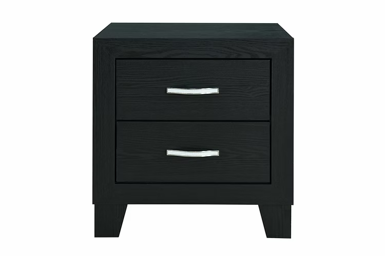 Table de chevet noire avec deux tiroirs et poignées argentées, design moderne Literie d’Amitié.