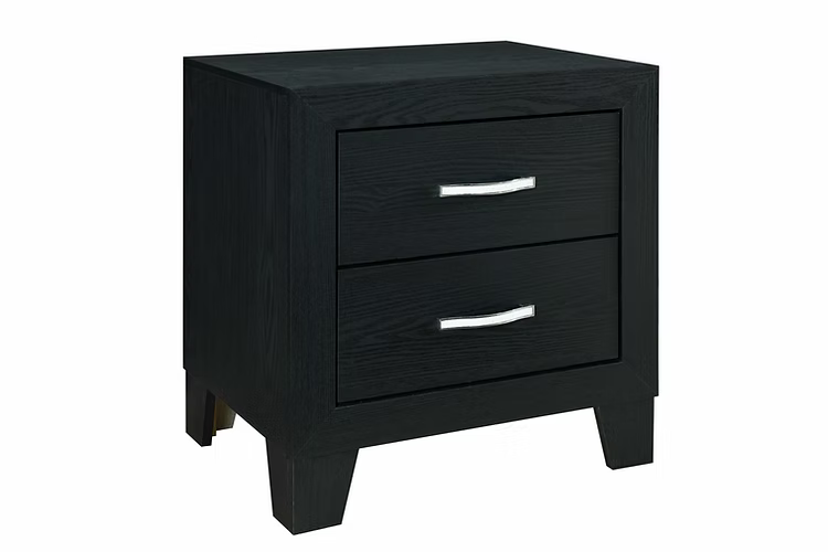 Table de chevet noire vue en angle, avec deux tiroirs et poignées argentées, design contemporain Literie d’Amitié.